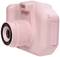 Eine rosa Kamera mit Objektiv und SD-Karten- sowie USB-Anschluss an der Seite, geeignet für einfache Fotografie.