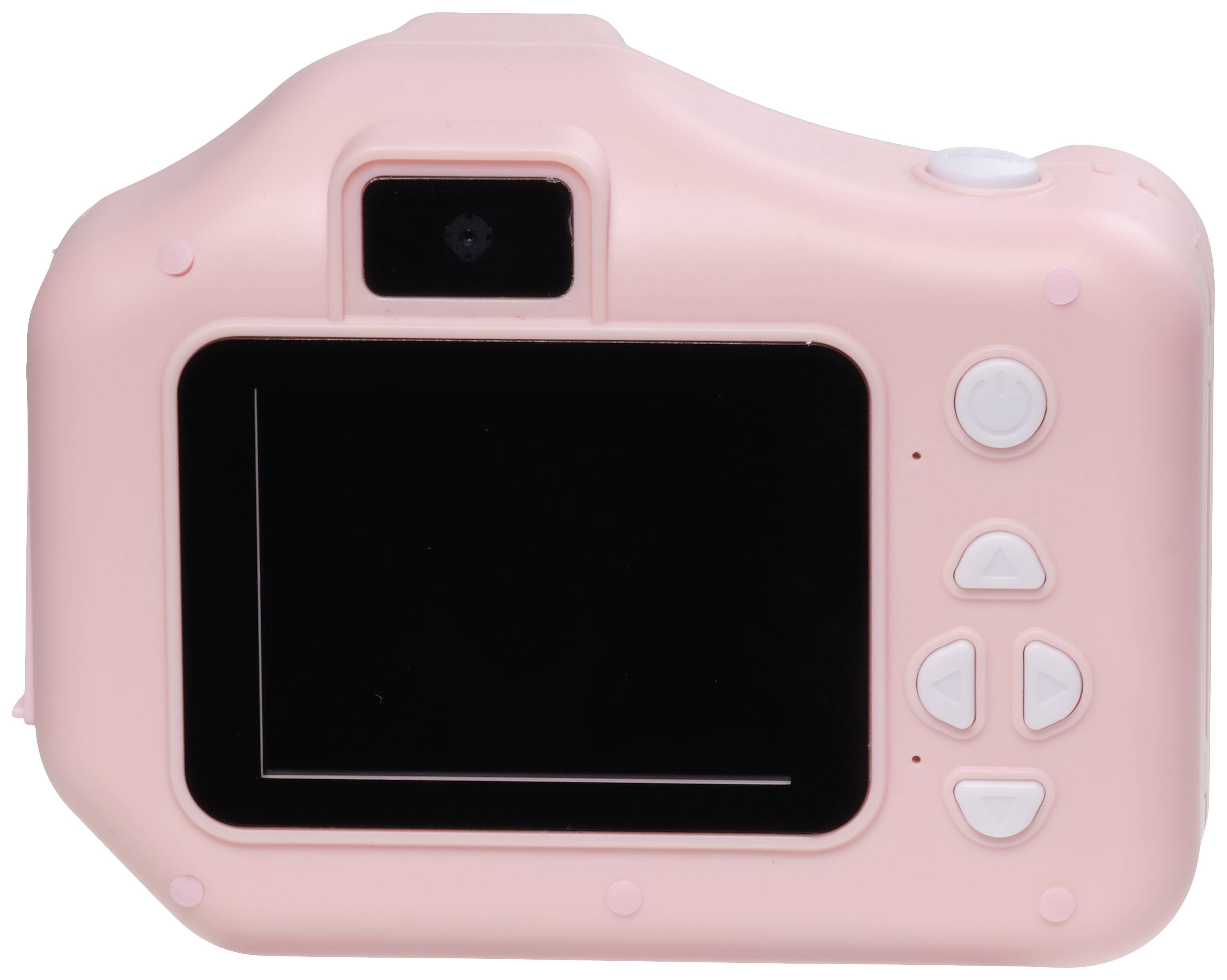 Rückansicht einer rosa Digitalkamera mit Display, Sucher und Bedientasten auf der rechten Seite.