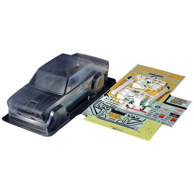 Kunststoffmodell eines Autos mit transparentem Chassis, daneben ein Bogen mit Aufklebern und Bauteilen zur individuellen Gestaltung.