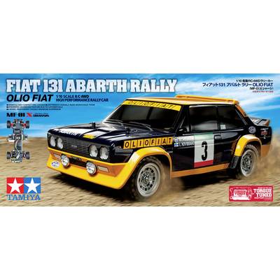 'Fiat 131 Abarth Rally' Spielzeugauto-Box. Enthält Details und Logos des Rennwagens, Seitenansicht des Modells, Aufschrift: 'Olio Fiat'.