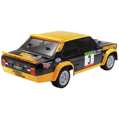 Spielzeugmodell eines klassischen Fiat-Abarth-Rallyeautos in Schwarz und Orange mit Startnummer 3 und Sponsorenlogos.