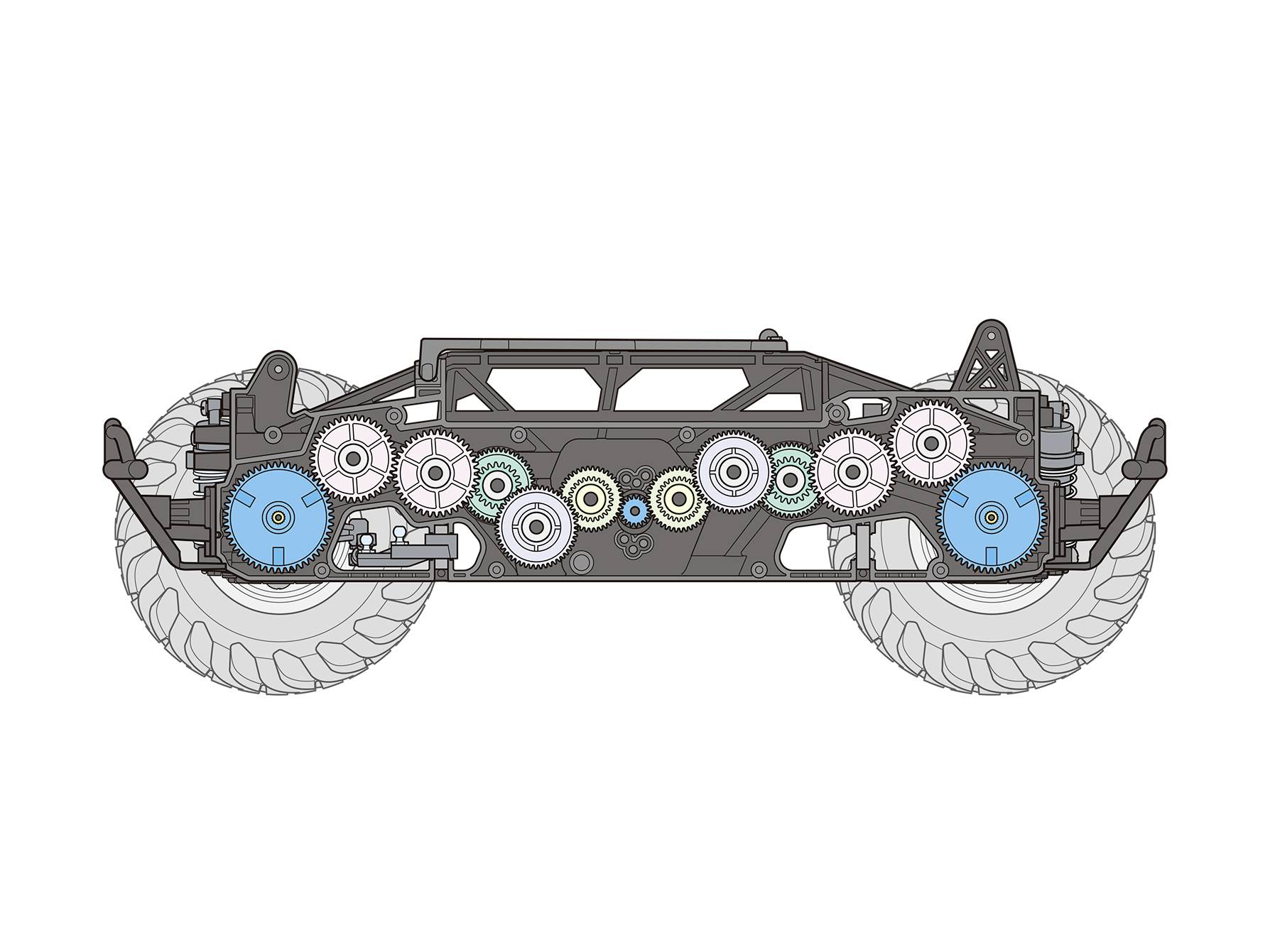 'Illustration eines mechanischen Fahrgestells mit Zahnrädern und großen Reifen, zeigt das Innenleben und Bewegungsmechanismus.'
