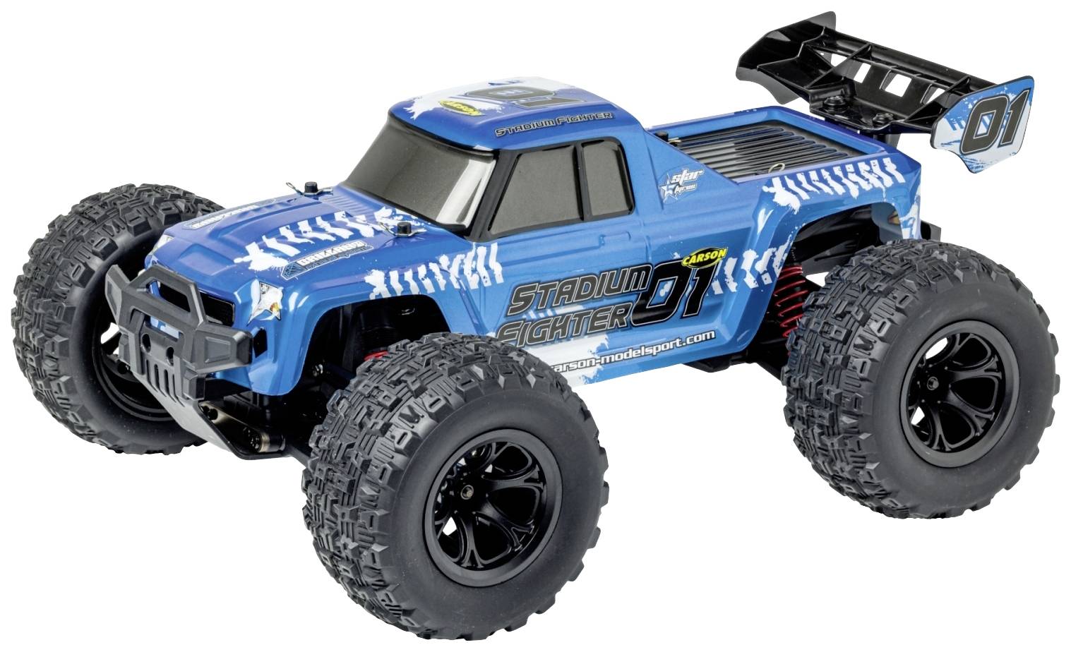 Blauer ferngesteuerter Truck mit großen Reifen und der Aufschrift 'Stadium Fighter' auf der Seite.