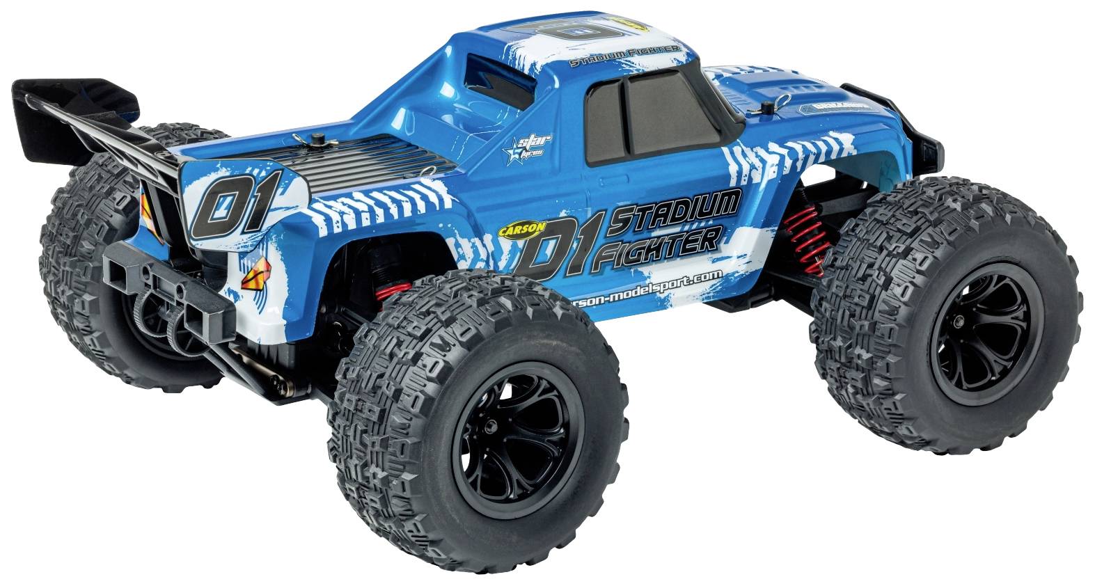 Ein blauer ferngesteuerter Offroad-Truck mit der Aufschrift 'Stadium Fighter' auf der Seite, großen Reifen und einem auffälligen Design.