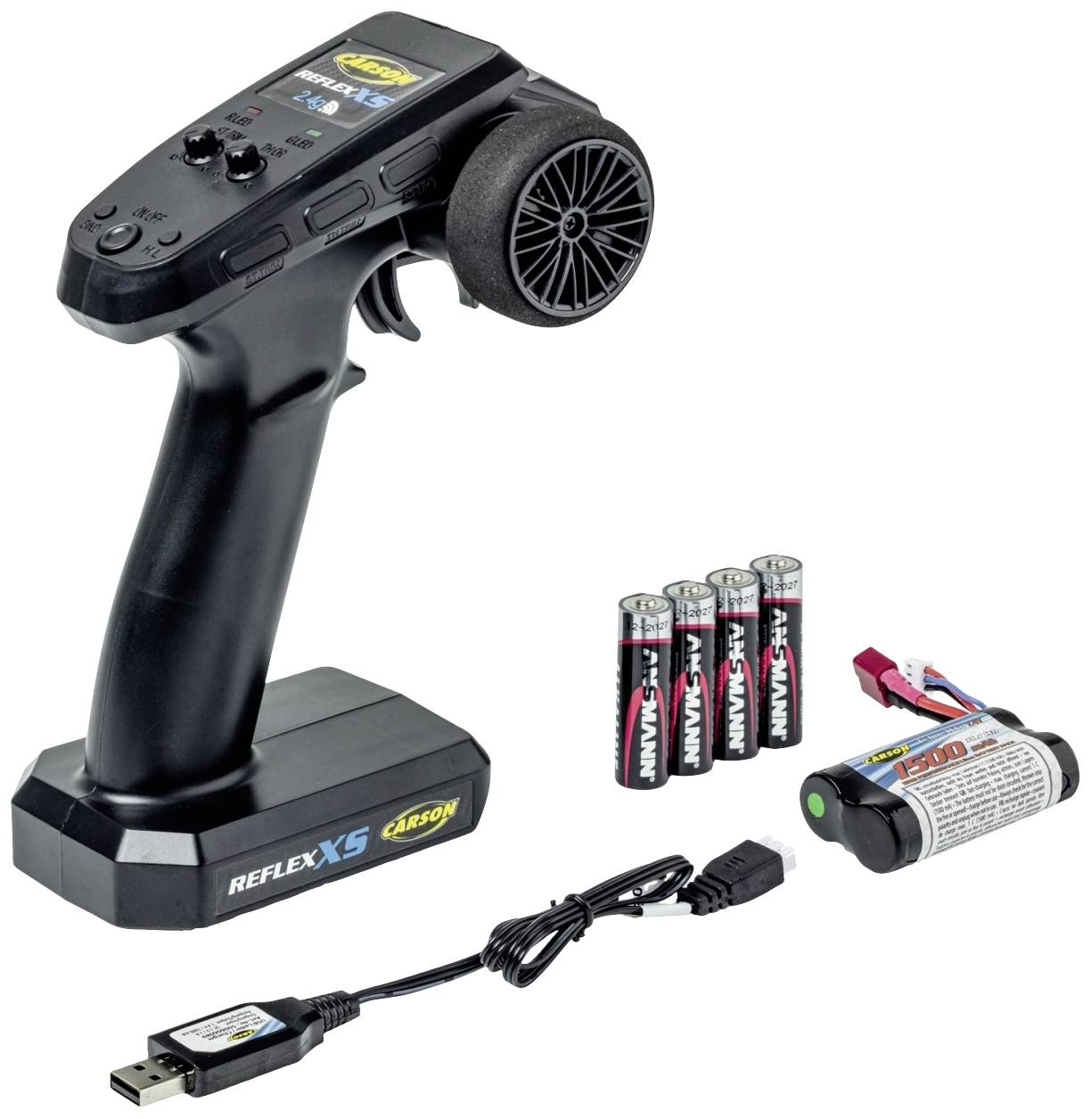 Fernsteuerung für RC-Autos mit Lenkrad und Display, Batterien, Akku, und USB-Ladekabel. Geeignet für Modellbau-Enthusiasten.