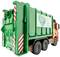 Ein grüner Müllwagen mit einem Schild 'Go Green! Reuse, Recycle, Renewal' auf der Seite, das Umweltbewusstsein fördert.