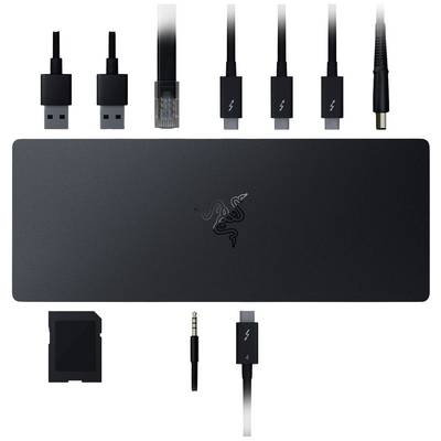 Schwarze Dockingstation mit mehreren Anschlüssen: USB-C, USB-A, Ethernet, Thunderbolt, und SD-Kartenleser; Razer-Logo sichtbar.