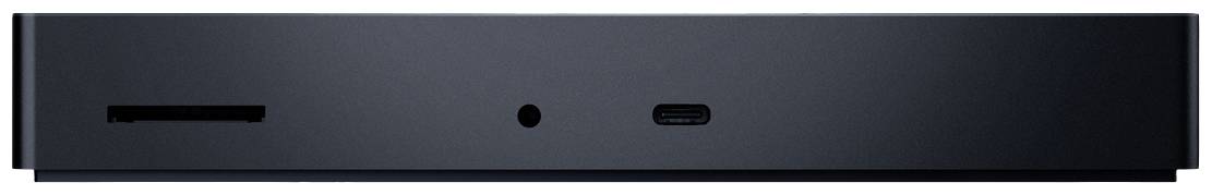 Ein schwarzes, rechteckiges Gerät mit einem Schlitz auf der linken Seite, einer kleinen mittleren Aussparung und einem USB-C-Anschluss rechts.