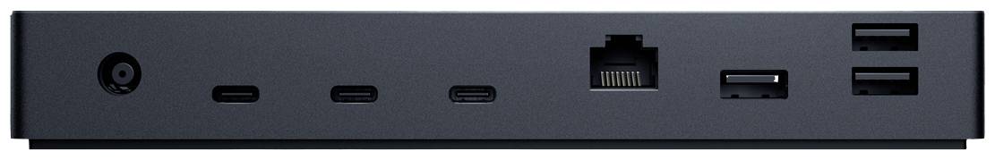 Eine schwarze Anschlussleiste mit verschiedenen Anschlüssen: Strom, dreimal USB-C, Ethernet, USB-A und USB-Buchsen.