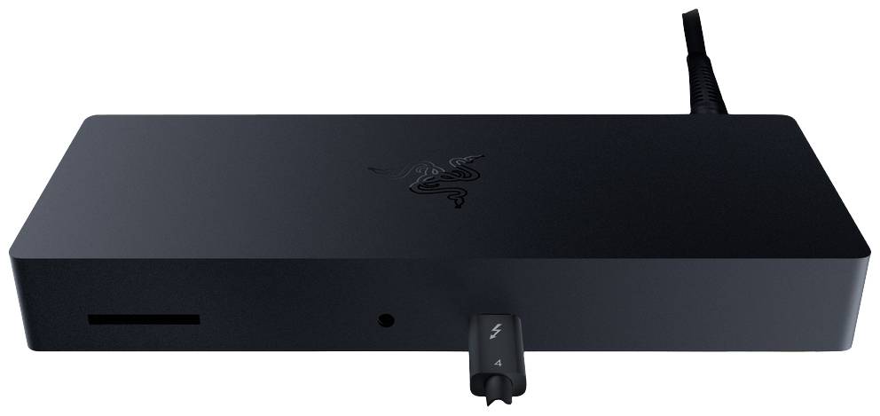 Ein schwarzer Laptop-Dockingstation mit mehreren Anschlüssen, darunter USB-C und SD-Kartenleser, eignet sich zur Erweiterung der Konnektivität.