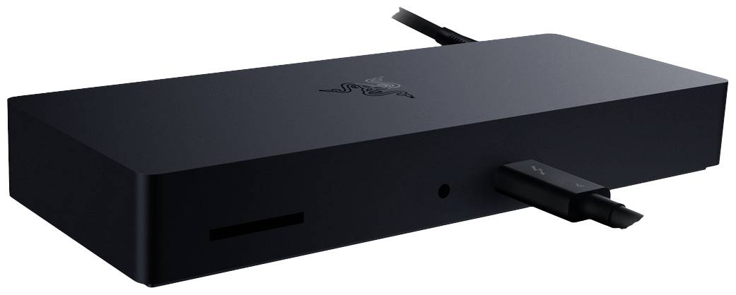 Ein schwarzer Laptop-Dockingstation mit mehreren Anschlüssen, einschließlich HDMI und USB, erkennbar durch das darauf befindliche Markenzeichen.