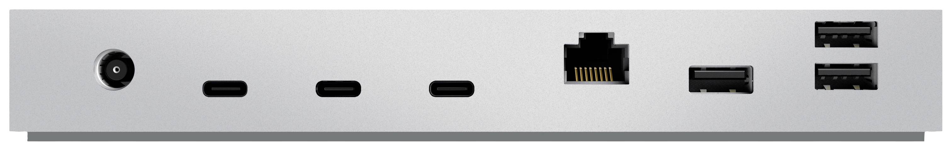 Die Rückseite eines technischen Geräts mit mehreren Anschlüssen, darunter drei USB-C-Ports, ein Ethernet-Anschluss und zwei USB-A-Ports.