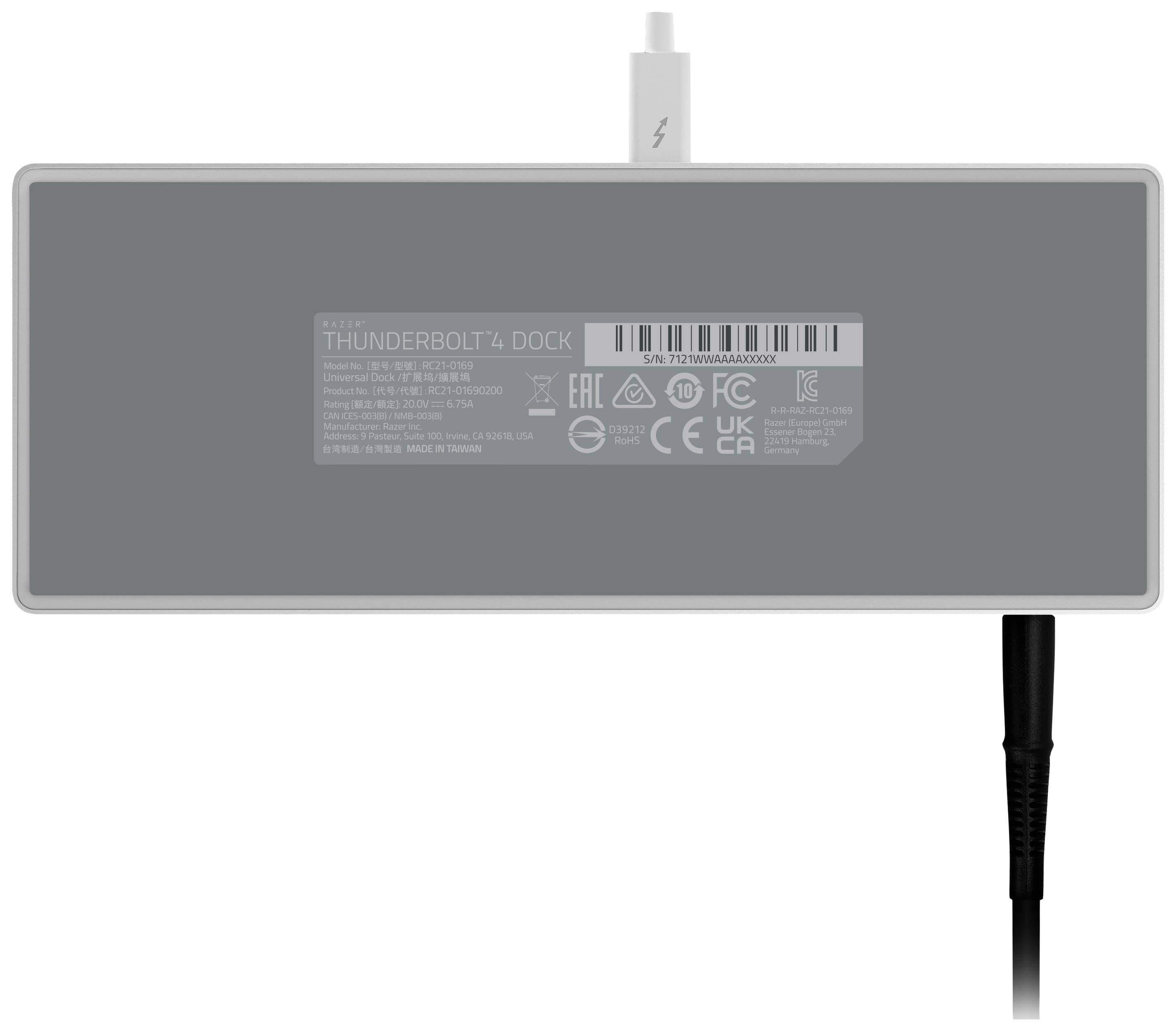 Die Rückseite einer Thunderbolt 4 Dockingstation mit Herstellerinformationen und Anschlüssen für Strom- und Datenkabel.