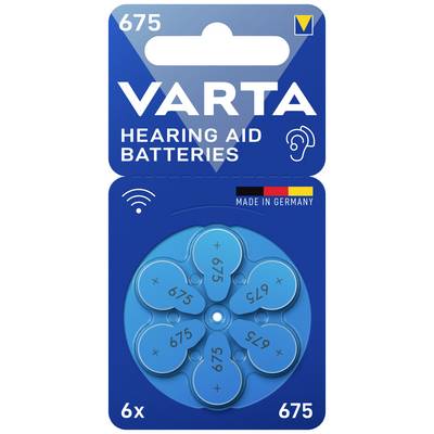 Verpackung mit 6 Hörgerätebatterien der Marke VARTA, Modell 675. Verpackung zeigt blaue Blumenform der Batterien, hergestellt in Deutschland.