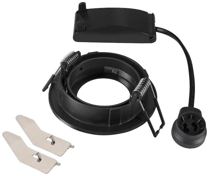 Netzadapter-Kit: Schwarzer Kunststoffadapter mit integrierter Federmechanik, zwei silbernen Metalllaschen und einem Kabel mit Stecker.