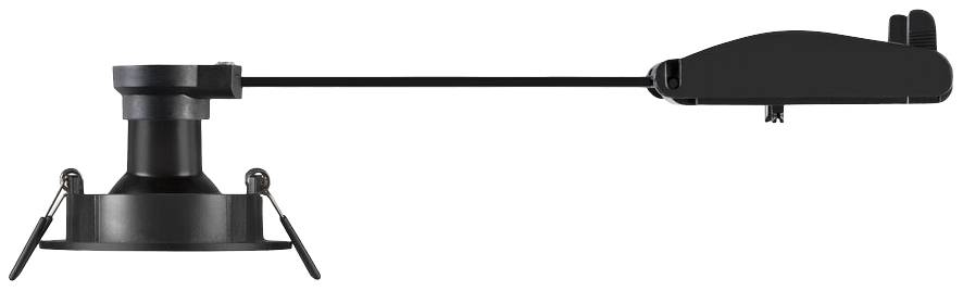 'Seitenansicht einer schwarzen Einbauleuchte mit einem langen, horizontalen Arm, der zum Treibergehäuse führt.'
