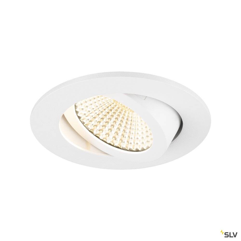 Weiße, runde, eingebaute LED-Deckenleuchte mit goldener, reflektierender Oberfläche im Inneren für warmes Licht.