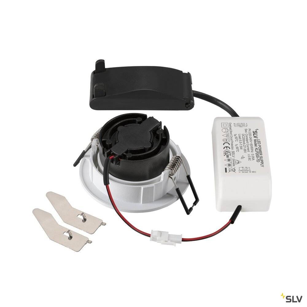 Einbaustrahler-Set mit LED-Modul, schwarzer Halterung und weißem Trafo. Enthält zwei Befestigungsklammern. Von SLV.