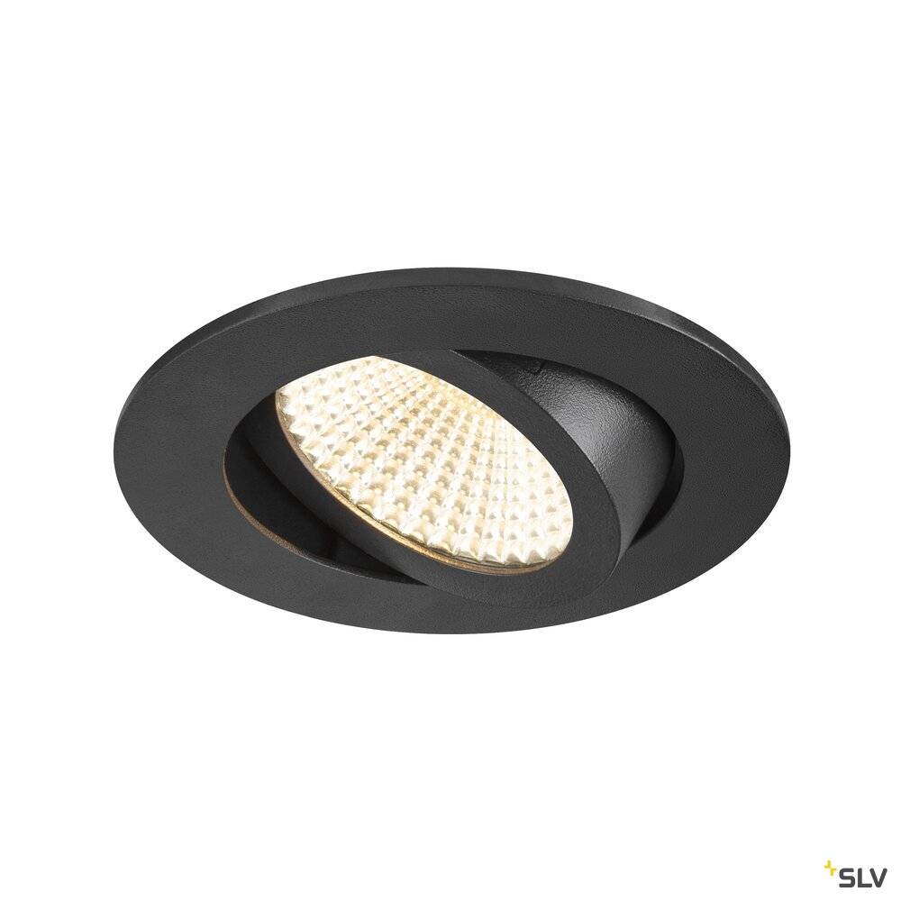 Ein runder, schwarzer Einbaustrahler mit verstellbarem LED-Spot, geeignet für moderne Innenbeleuchtung.