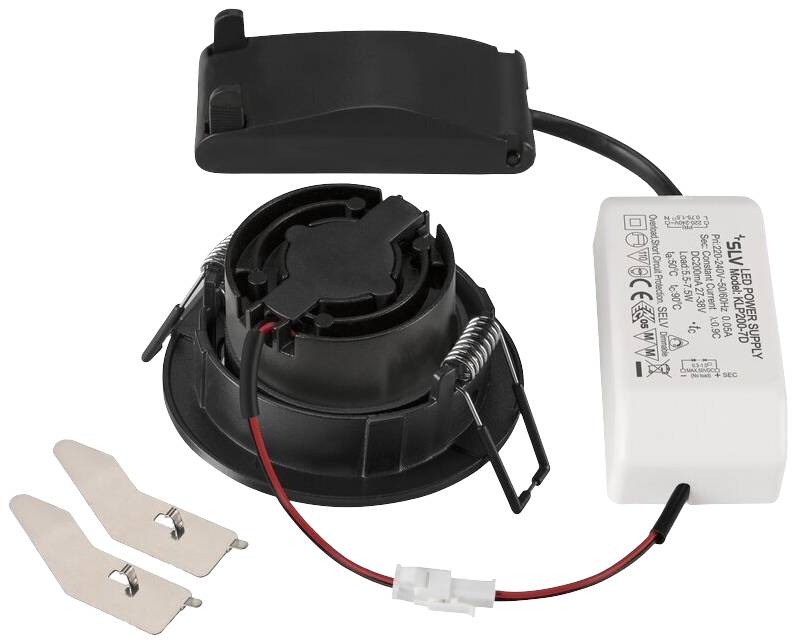 Einbauspot-Set für LED-Beleuchtung mit schwarzem Gehäuse, Treiber und zwei Montageplatten. Für Deckeneinbau geeignet.