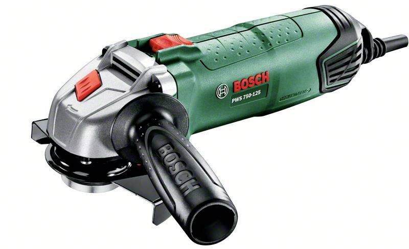 Elektrischer Winkelschleifer von Bosch in Grün und Schwarz mit einem seitlichen Griff und einem rot-schwarzen Schalter.