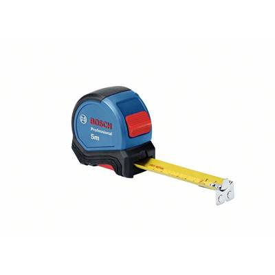 Ein Maßband mit einem blauen Gehäuse der Marke Bosch. Die gelbe Messskala zeigt eine Länge von bis zu 5 Metern an.
