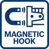 Ein Schild zeigt einen Magneten und einen Haken mit der Aufschrift 'MAGNETIC HOOK', was auf die magnetische Funktionalität hinweist.