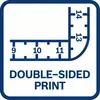 Doppelseitiger Druck, symbolisiert durch ein Maßband, das sich um eine Ecke biegt, zeigt die Maße 9 bis 14.