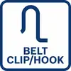 Symbol eines Gürtelclips/Hakens in dunkelblauer Umrandung auf weißem Hintergrund. Darunter der Text 'BELT CLIP/HOOK'.