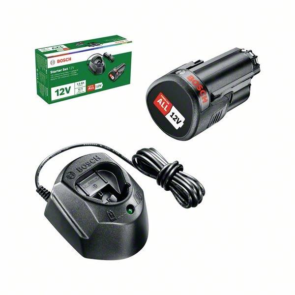 Batterie- und Ladegeräteset für Bosch 12V-Werkzeuge, bestehend aus Akku, Ladegerät und Verpackungsbox mit Aufschrift 'Starter Set 12V'.