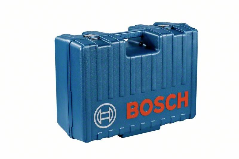Ein blauer Werkzeugkoffer mit dem roten 'BOSCH'-Logo darauf, symbolisiert sichere Aufbewahrung und Transport von Werkzeugen.