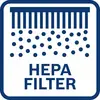'HEPA Filter' Symbol zeigt Luftreinigung mit kleinen Partikeln, die durch einen Filter gesaugt werden. Text: 'HEPA FILTER'.