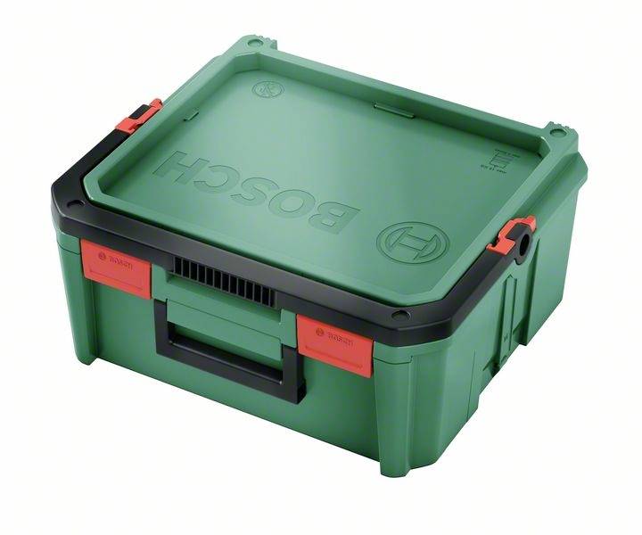 Grüner Bosch-Werkzeugkasten mit schwarzen Kanten und roten Verschlüssen, geeignet zum sicheren Aufbewahren und Transportieren von Werkzeugen.