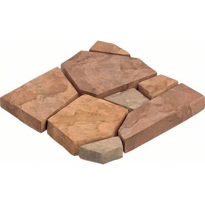 Mehrere unregelmäßig geformte Terrakotta-Steinplatten in verschiedenen Größen und Formen, dicht nebeneinander angeordnet.