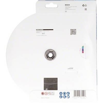 Verpackung einer Bosch Schleifscheibe. Enthält Informationen wie Modellnummer und Barcode. Schleifscheibe zur Holz- und Metallbearbeitung.