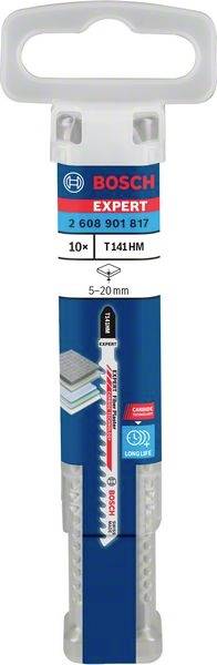 Packung mit Bosch-Expert-Stichsägeblättern, Modell T 141 HM, für Schnitte in Holz. Enthält 10 Blätter, geeignet für 5–20 mm.