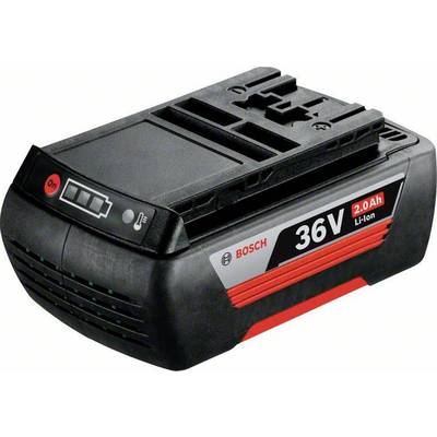 Bosch 36V 2.0Ah Lithium-Ionen-Akku mit Ladeanzeige, schwarzes Gehäuse, geeignet für Elektrowerkzeuge, robuste Bauweise.