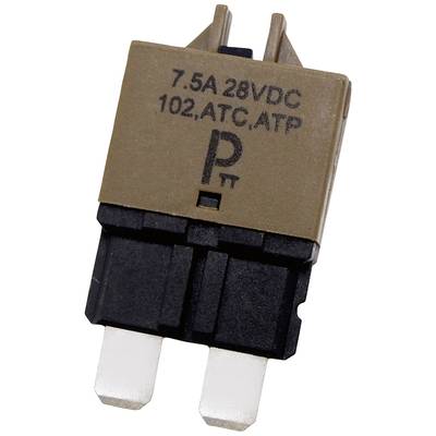Elektrische Sicherung mit der Aufschrift '7.5A 28VDC 102, ATC, ATP', brauner Oberteil und schwarze Unterseite.
