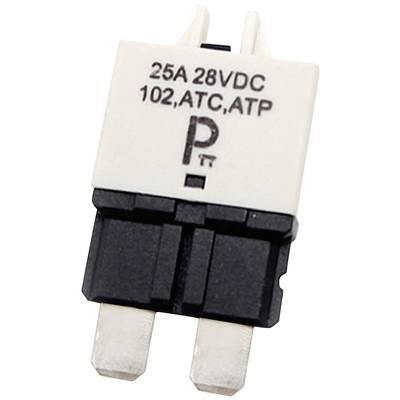 Elektrischer Steckverbinder mit der Aufschrift: '25A 28VDC 102, ATC, ATP'. Weißes Gehäuse, zwei Metallkontakte unten.