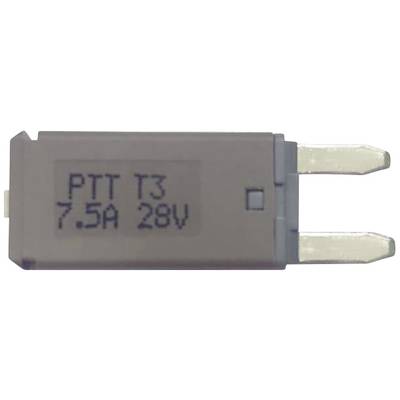 Ein brauner Flachsicherung mit der Aufschrift 'PTT T3 7.5A 28V', zeigt die elektrische Spezifikationen.