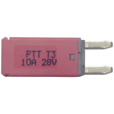 Roter Sicherungsstecker mit der Aufschrift 'PTT T3 10A 28V', zwei metallische Anschlüsse sichtbar.