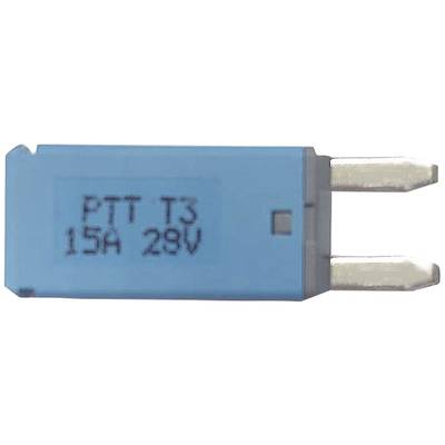 Blauer elektrischer Stecker mit der Aufschrift 'PTT T3 15A 28V'.