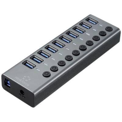 Ein USB-Hub mit 13 Ports und blauen Innenseiten. Jedes Port hat einen Ein-/Ausschalter. Links ist der Markenname 'renkforce' sichtbar.