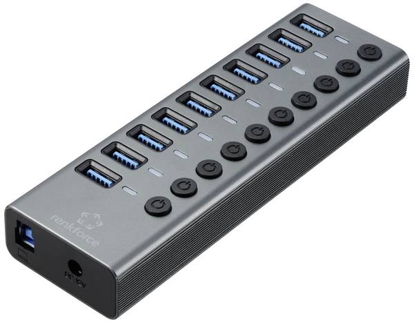 Renkforce RF-6027504 USB-Hub 10 Port USB-A USB 3.1 Gen2 10 GBit/s einzeln schaltbar, mit Aluminiumgehäuse Silber-Schwarz RF-6027504