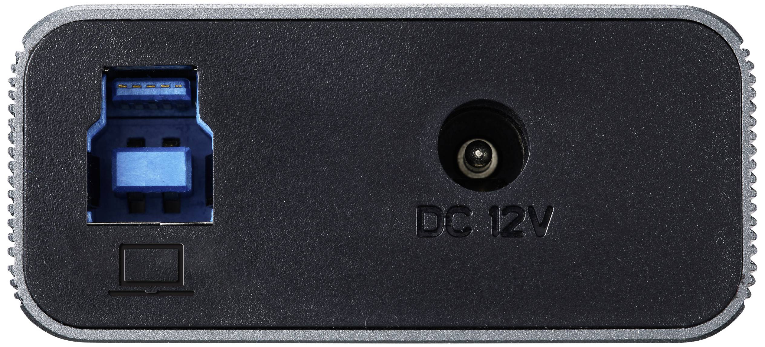 Rückseite eines elektronischen Geräts mit einem USB-Anschluss links und einem Gleichstromanschluss mit der Markierung 'DC 12V' rechts.