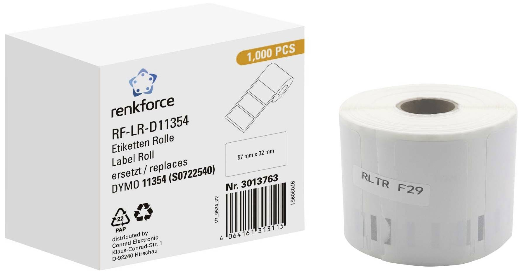 Renkforce Etiketten Rolle Kompatibel ersetzt DYMO DYMO 11354, S0722540 57 x 32 mm Papier Weiß 1000 St. Permanent haftend...