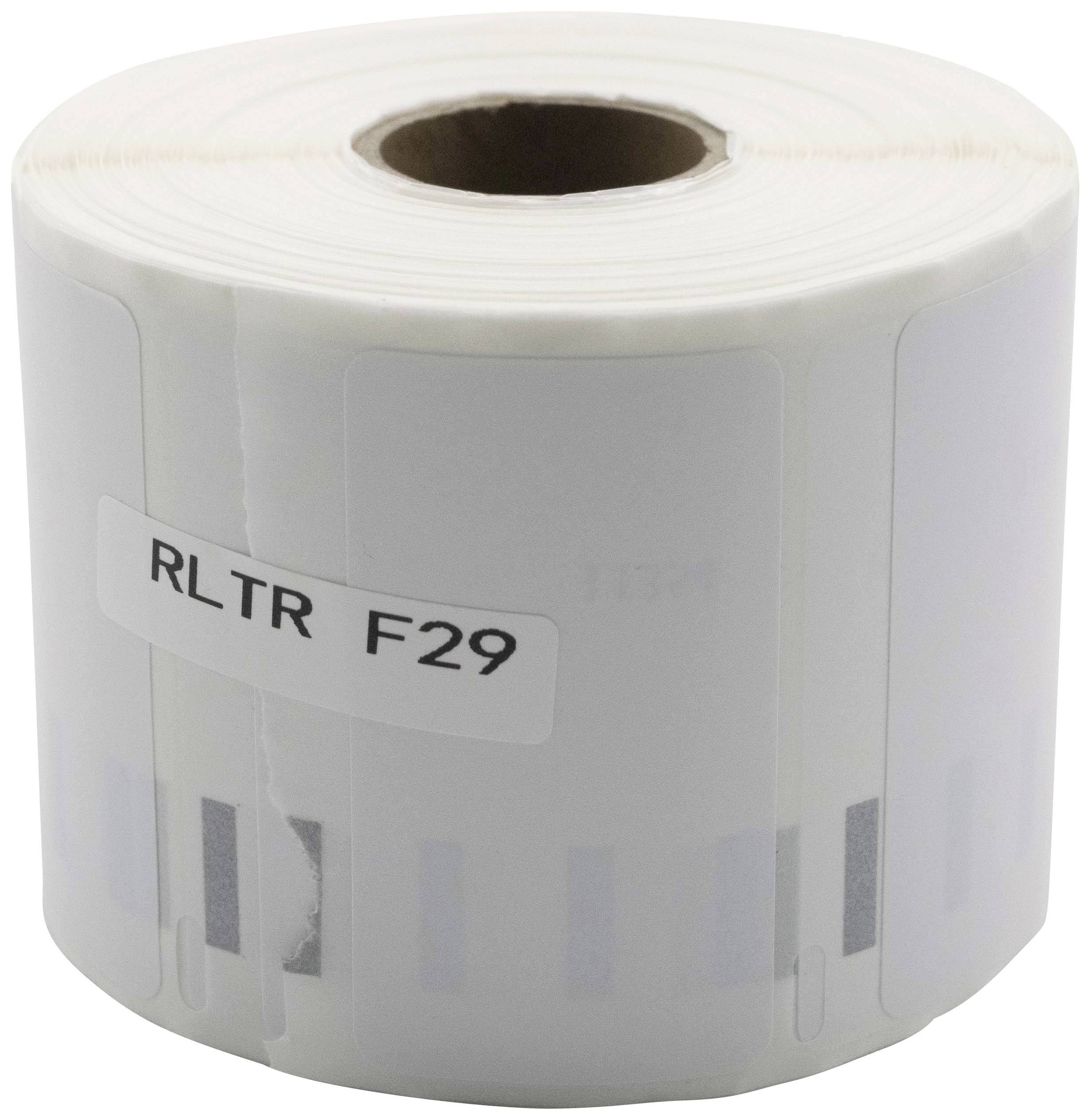 'RLTR F29' ist auf einem Etikettenrolle gedruckt. Die Rolle enthält weiße, rechteckige Etiketten mit abgerundeten Ecken.