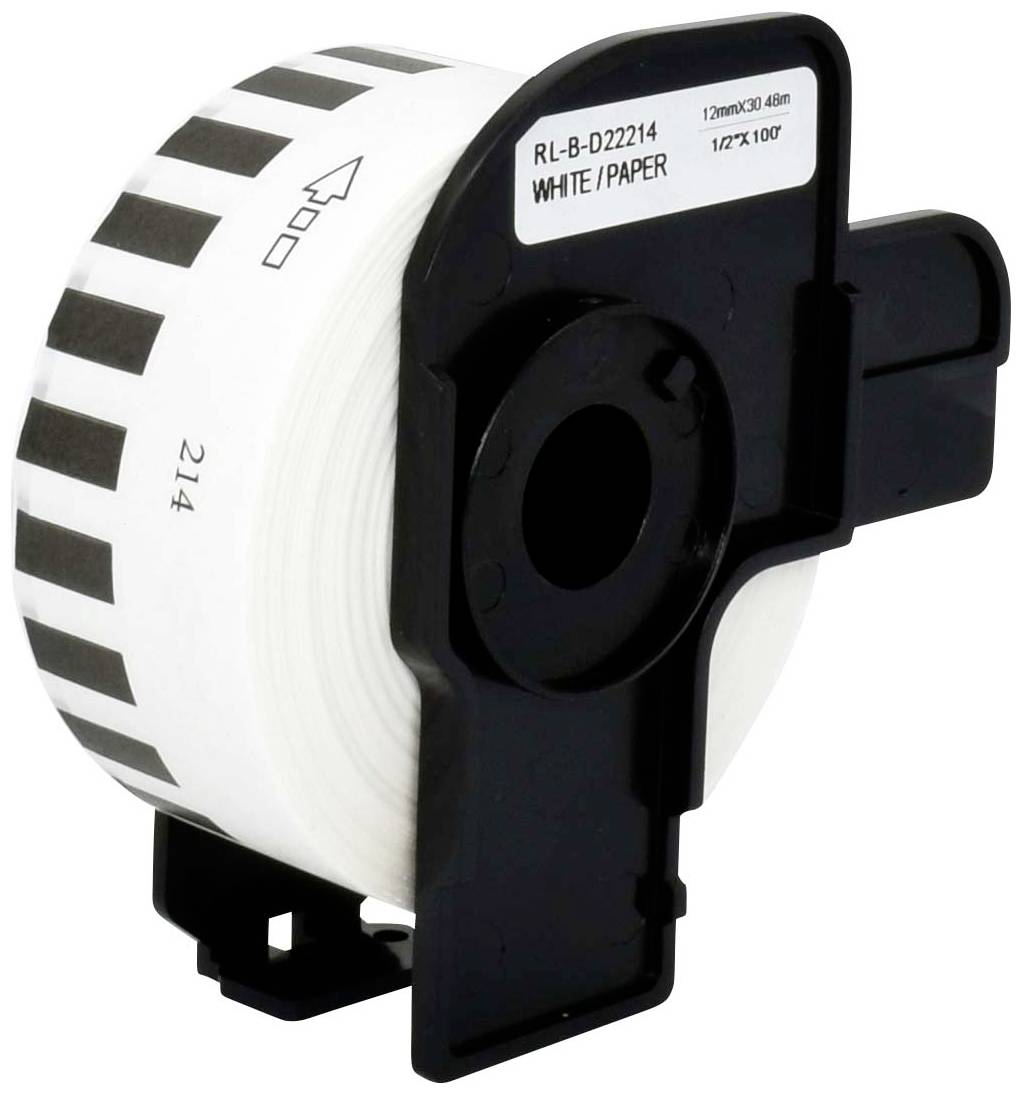 Etikettenrolle mit der Beschriftung 'WHITE/PAPER', geeignet für Drucker, zeigt einen Pfeil, der die Laufrichtung anzeigt.