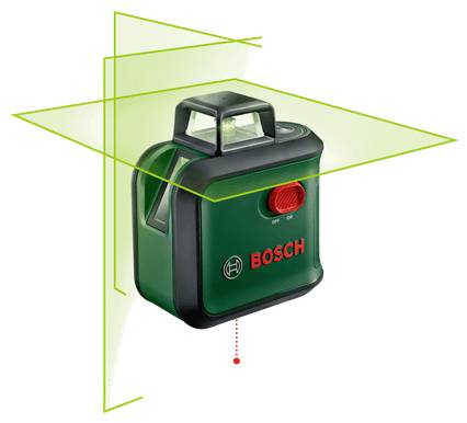 Ein grüner Bosch-Laserprojektor erzeugt vertikale und horizontale grüne Linien. Geeignet für präzise Ausrichtungsarbeiten.