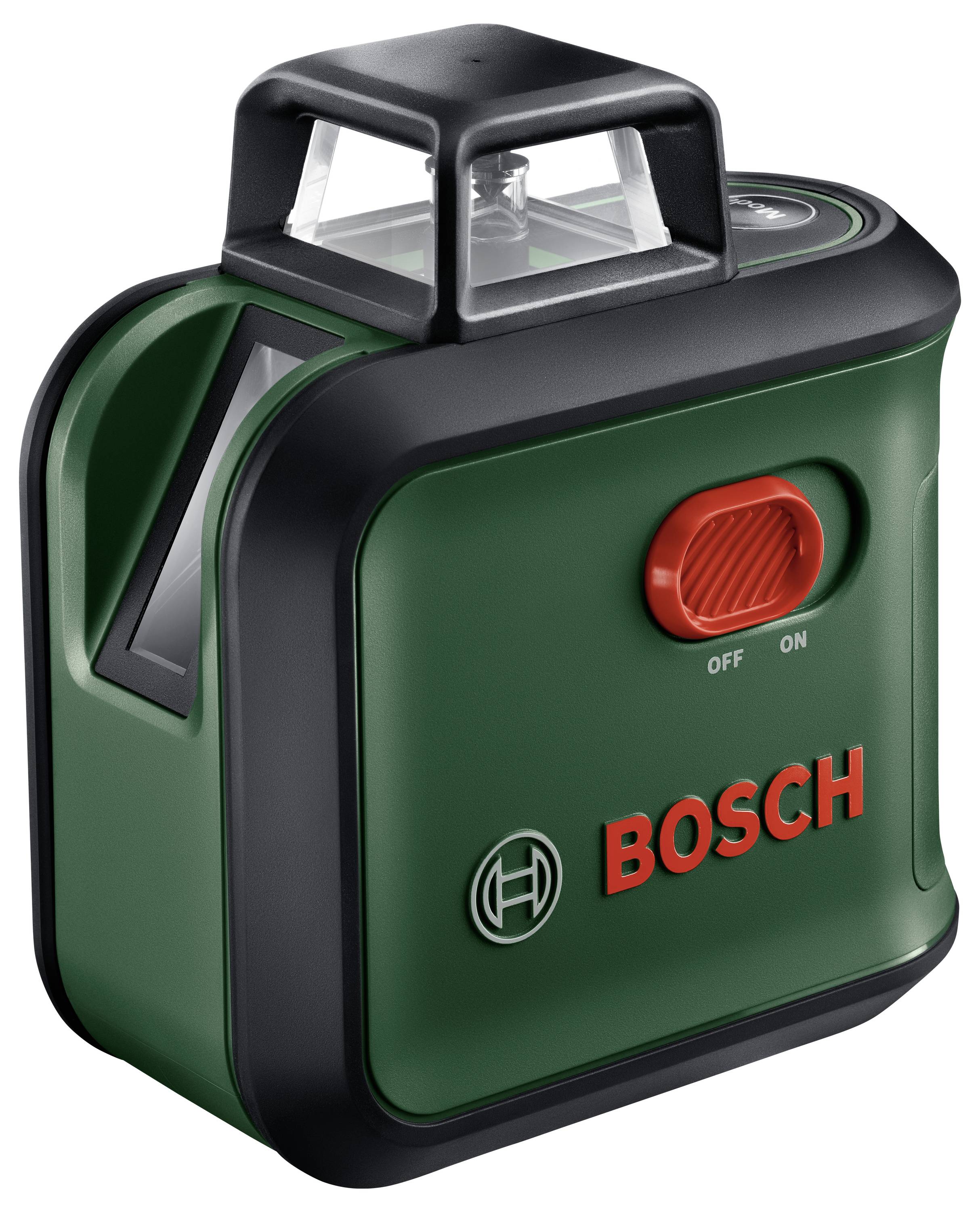 Bosch Laser-Wasserwaage in Grün und Schwarz mit rotem Ein-/Ausschalter und Logo. Gerät zur präzisen Ausrichtung und Nivellierung.
